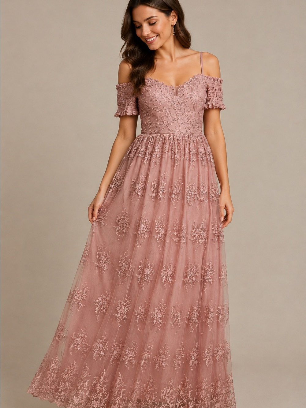 Soieblu Dusty Rose Embroidered Off Shoulder Maxi Dress M